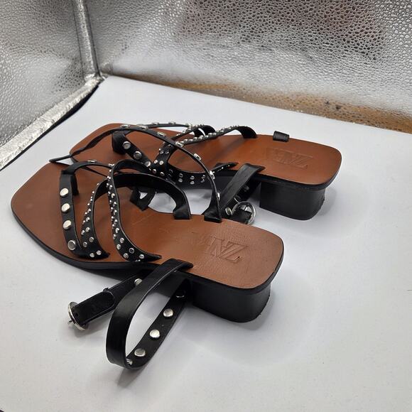 ZARA Black Studded Leather Gladiator Sandals - Women's Size 9 - Picture 3 of 6